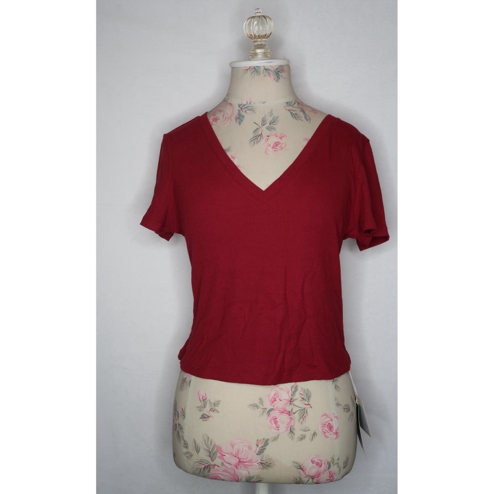 Halara Ribbed Knit V Neck Short Sleeve Cropped Work T-Shirt Sz L Lightweight NWT